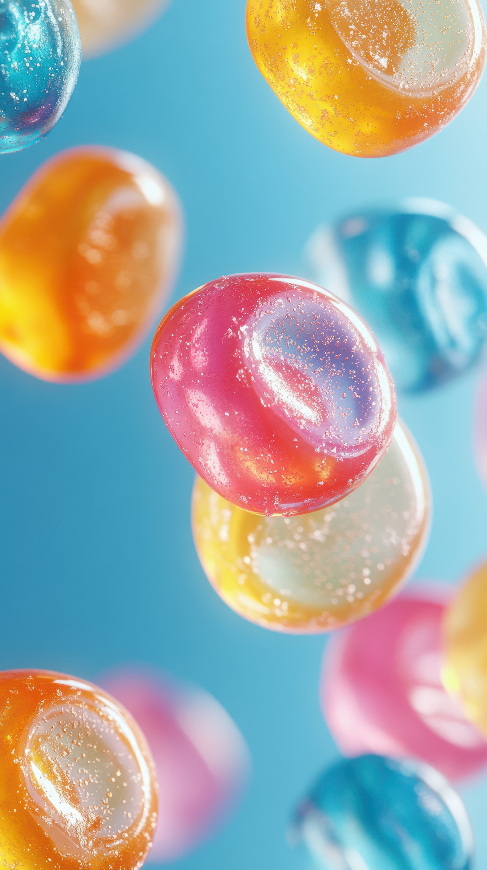 Colorful gelatin candies floating in mid-air create a vibrant and playful atmosphere in a bright blue background